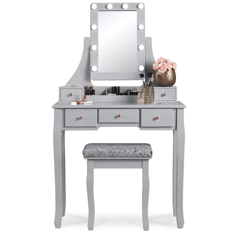 CARME Home Arianna 5 Drawer Grey Hollywood Mirror Light Deluxe Dressing Table Image 2