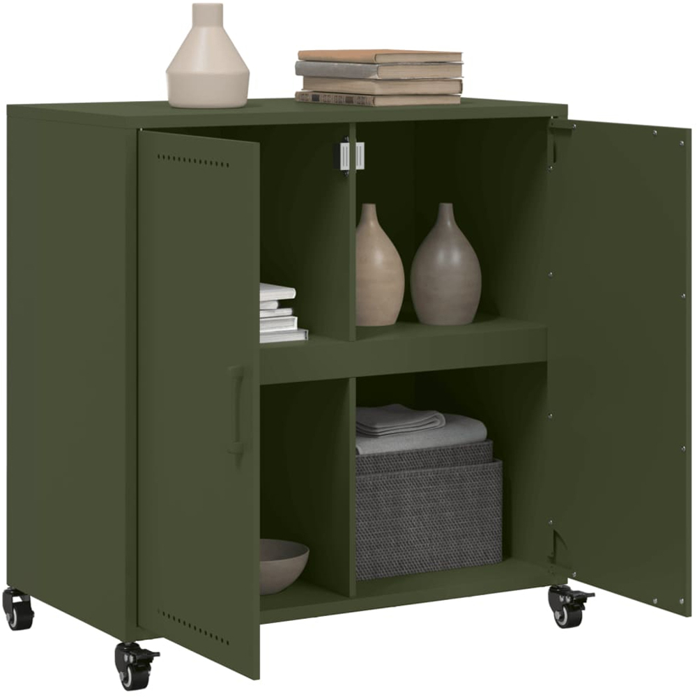 vidaXL 2 Door Olive Green Metal Sideboard with Wheels Image 5