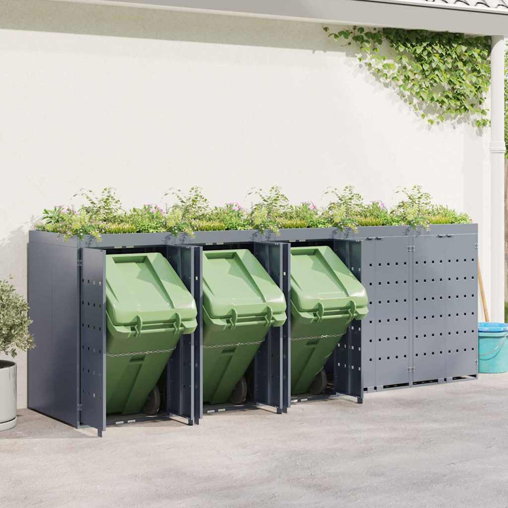 vidaXL Light Grey 5 Wheelie Bin Storage Shed with Planter Roof Image 2