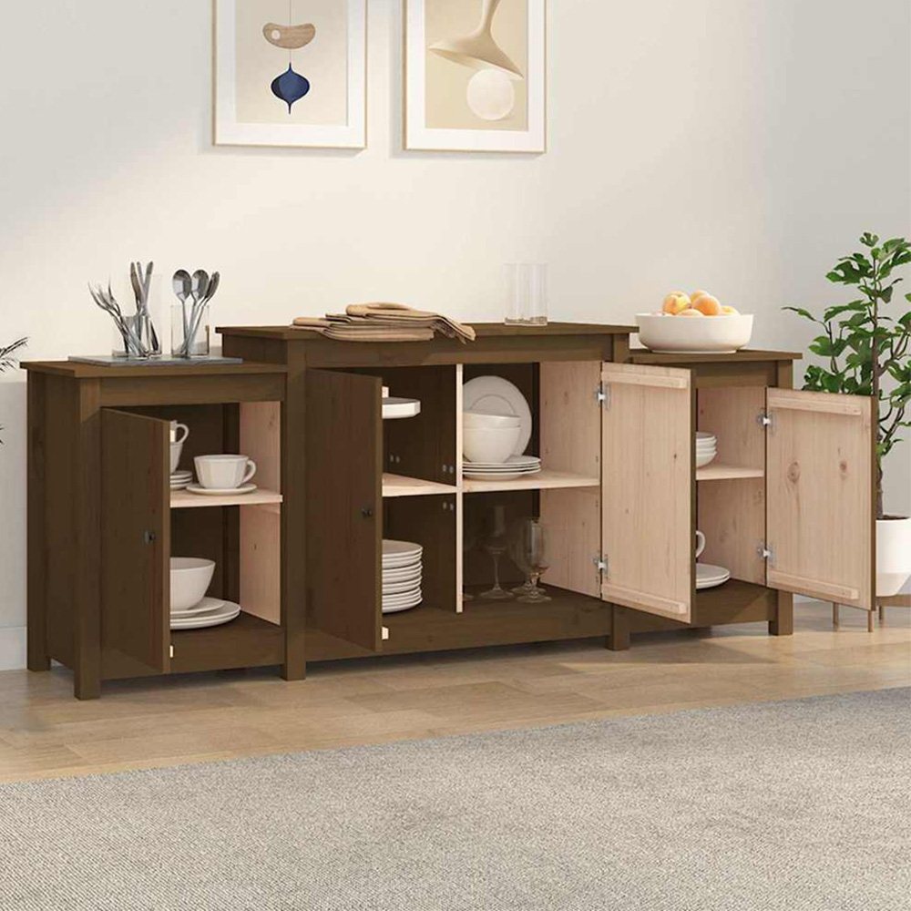 vidaXL 4 Door Honey Brown Solid Pine Wood Sideboard Image