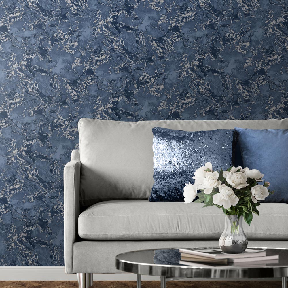 Muriva Elixir Marble Blue and Silver Wallpaper Image 4