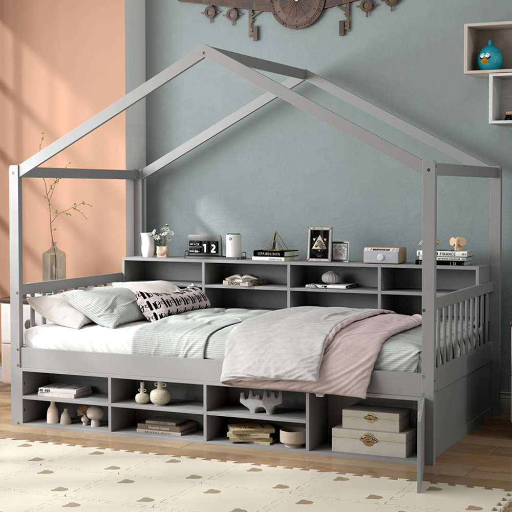Costway Single Grey House Bed with Roof Image 1