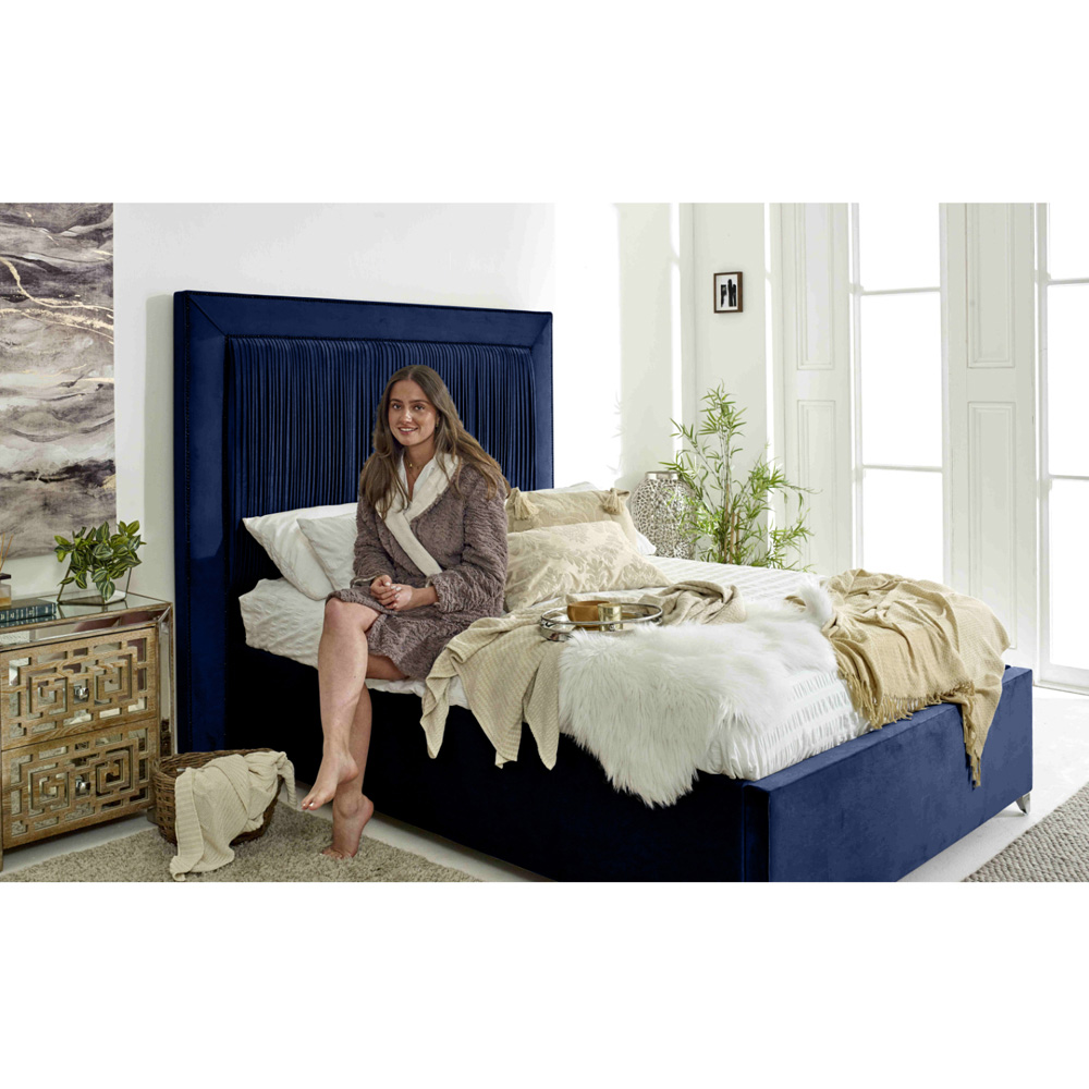 Eleganza Alexandra Small Double Blue Plush Velvet Bed Frame with Pleated Headboard Image 3