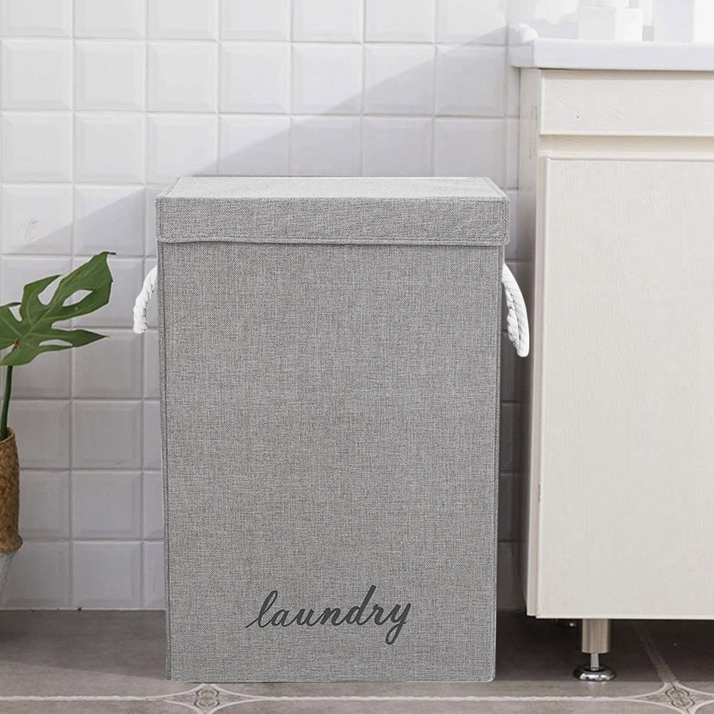 Living And Home WH0809 Grey Cotton Fabric Foldable Laundry Basket With Lid Image 7