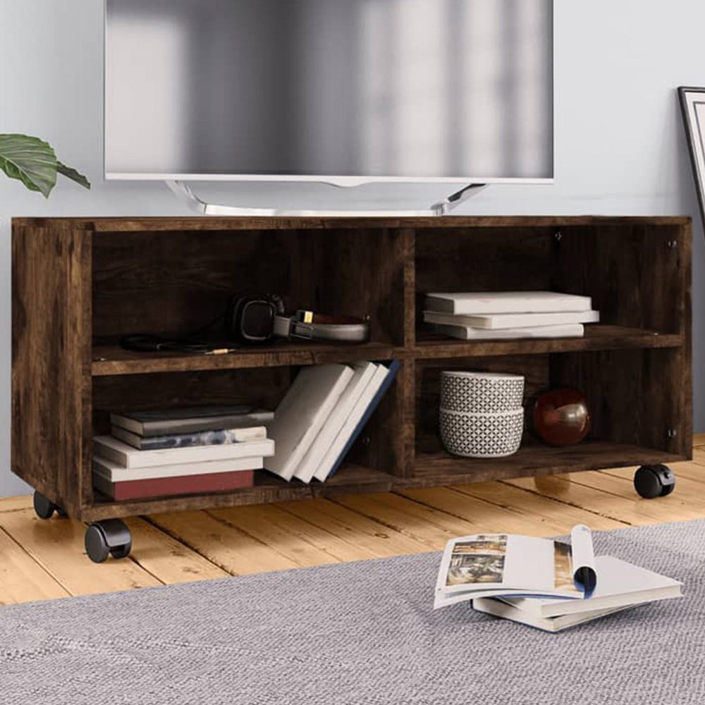 vidaXL 4 Door Smoked Oak TV Cabinet with Castors Image 1