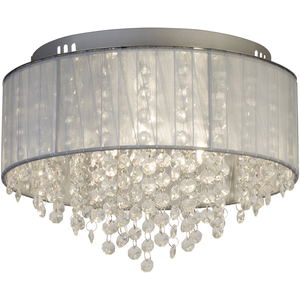 Lighting Collection 3 Light Wrapped Chiffon Shade and Glass Drops Flush Ceiling Light Image 3