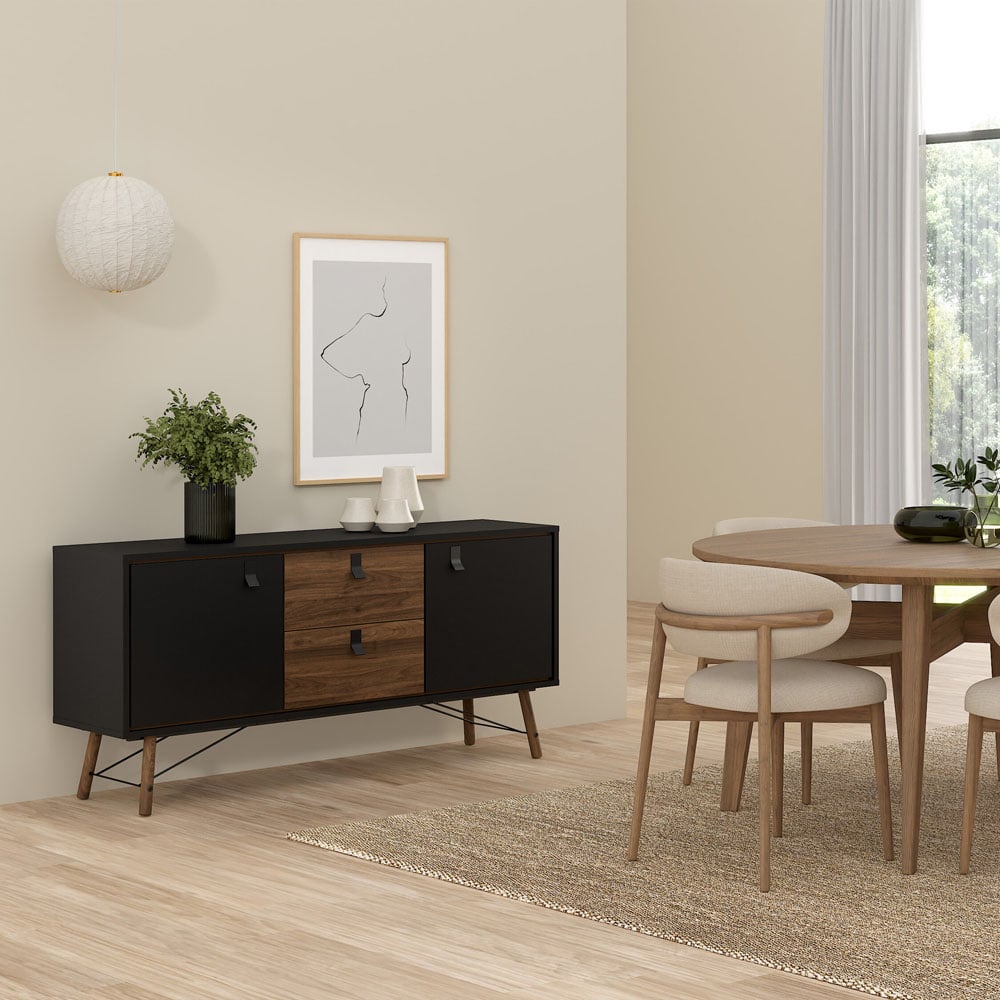 Florence Ry 2 Door 2 Drawer Matt Black and Walnut Sideboard Image 6