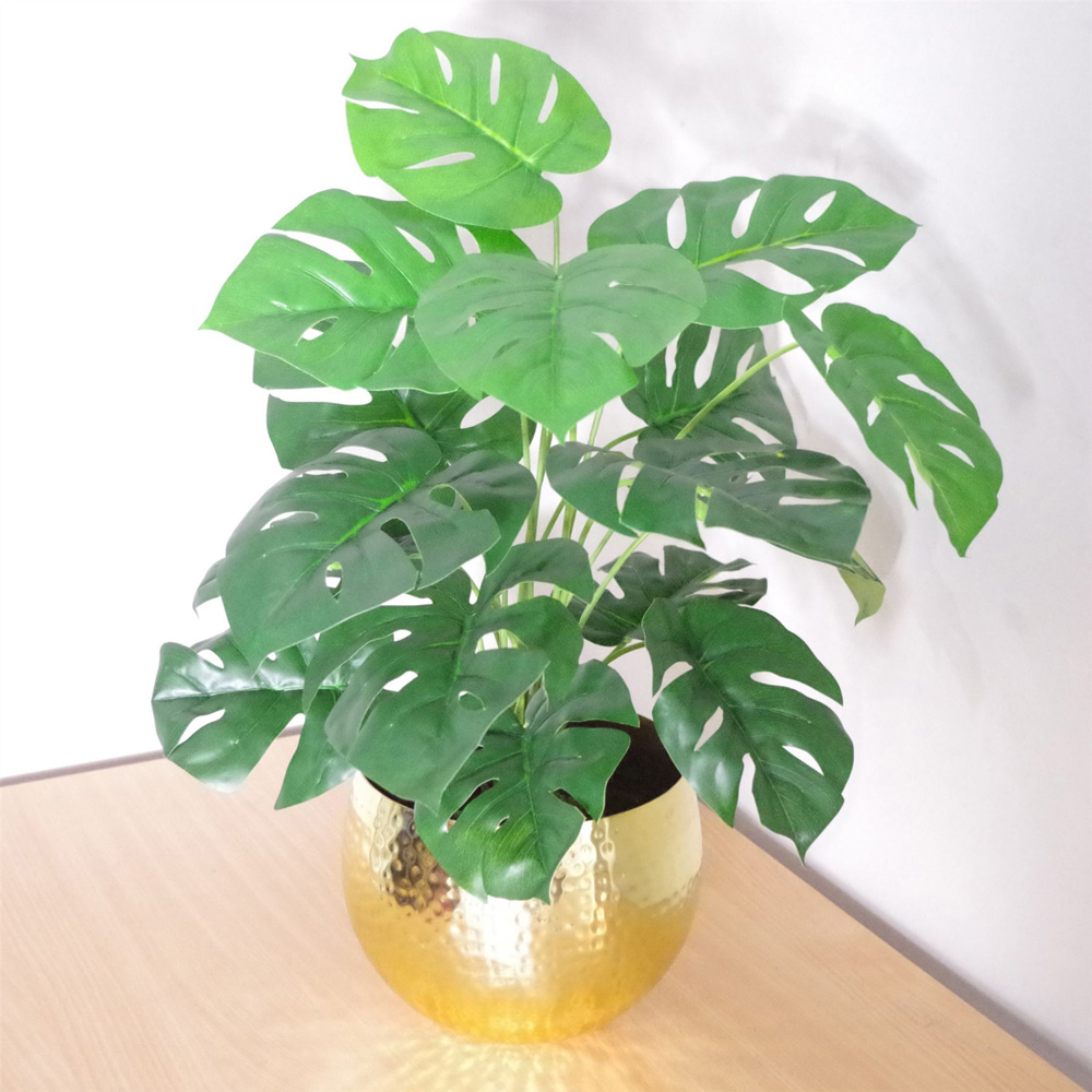 Leaf Artificial Monstera Plant in Golden Metal Planter 60cm Image 2