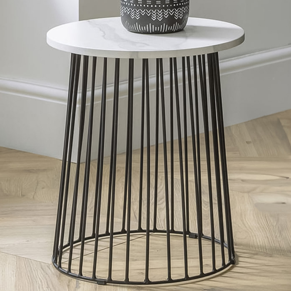 Julian Bowen Broadway White Marble Round Wire Lamp Table Image 1