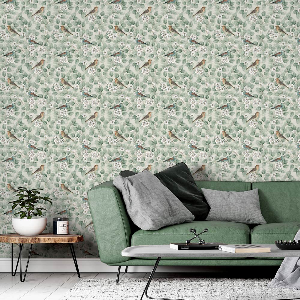 Arthouse Birds and Blossom Green Wallpaper Image 5