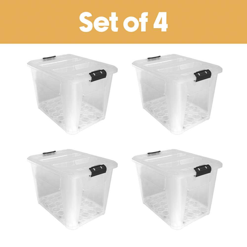 JVL 60L Clear Plastic Stackable and Nestable Storage Box with Wheels and Secure Clip Lid 4 Pack Image 2