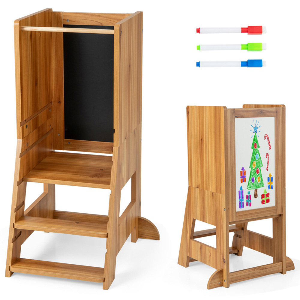 Costway Toddler Natural Kitchen Stool with Chalkboard and Whiteboard Image 2