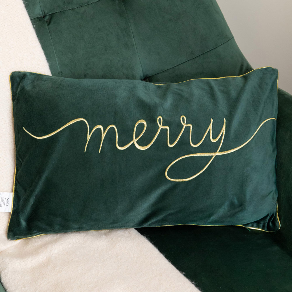 Samuel Alexander Dark Green Merry Christmas Cushion with Gold Detail 30 x 49cm Image 2