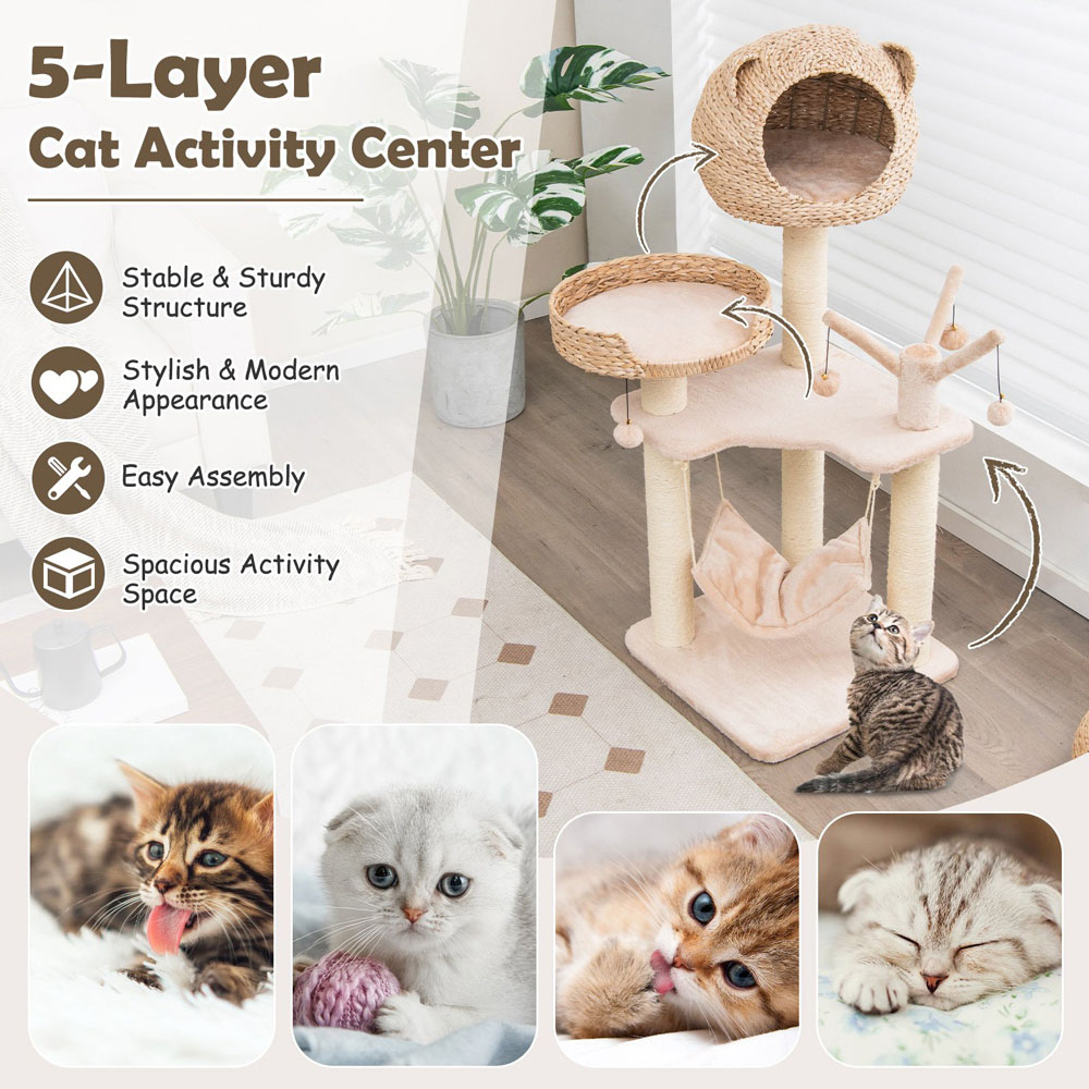 Costway 121cm Natural Cat Tree Scratcher with Cattail Fluff Condo Image 4