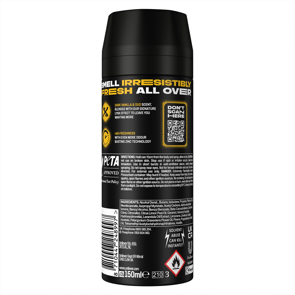 Lynx Gold Oud Wood and Fresh Vanilla 48H Protection Deodorant Body Spray 150ml 18 Pack Image 3