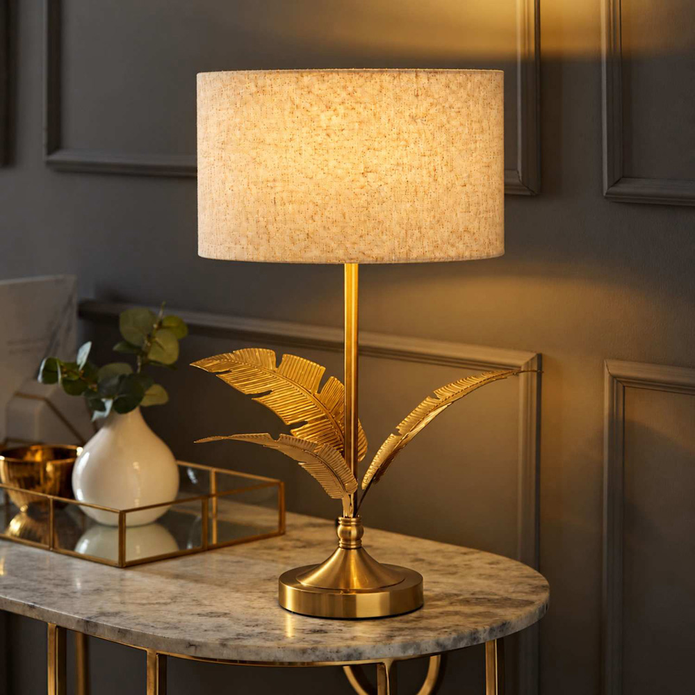 ValueLights Christina Linen Shade Gold Leaves Metal Table Lamp with Bulb Image 2
