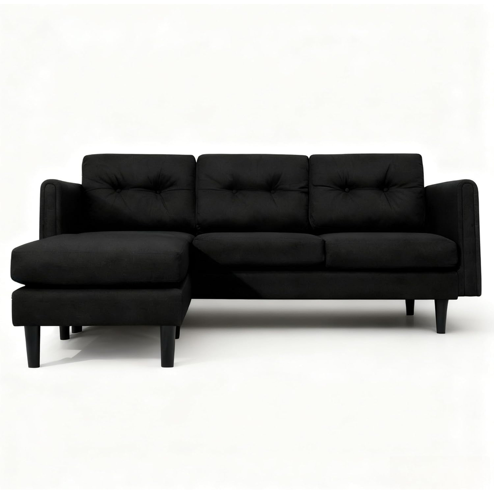 Alivio 4 Seater Black Linen Fabric Modern L-Shaped Sectional Sofa with Movable Chaise Image 2
