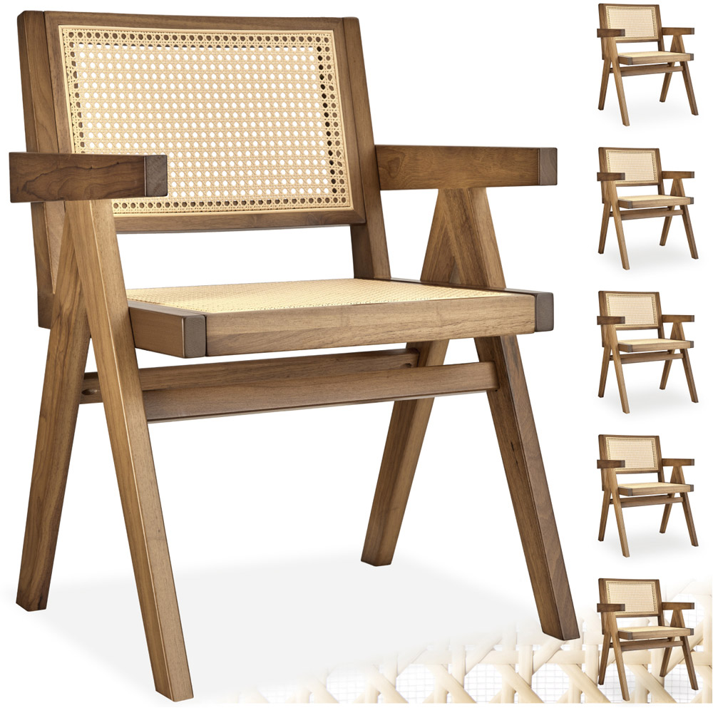 Tectake Lizzy Set of 6 Light Oak Rattan Backrest Dining Chair Image 2