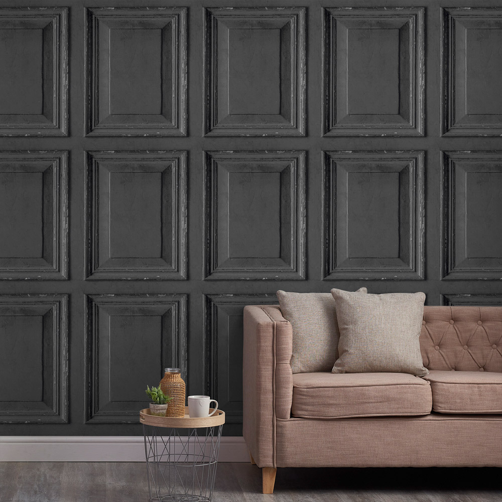 Grandeco Distressed Aged Rustic Wood Panel Black Textured Wallpaper Image 3