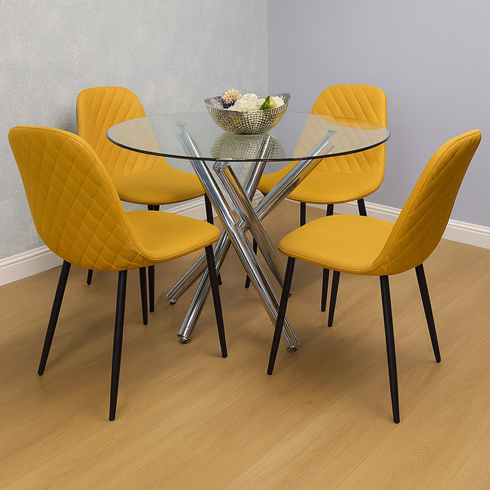 Kosy Koala 4 Seater Clear Glass Faux Leather Gem Pattern Round Dining Set Mustard Image 1