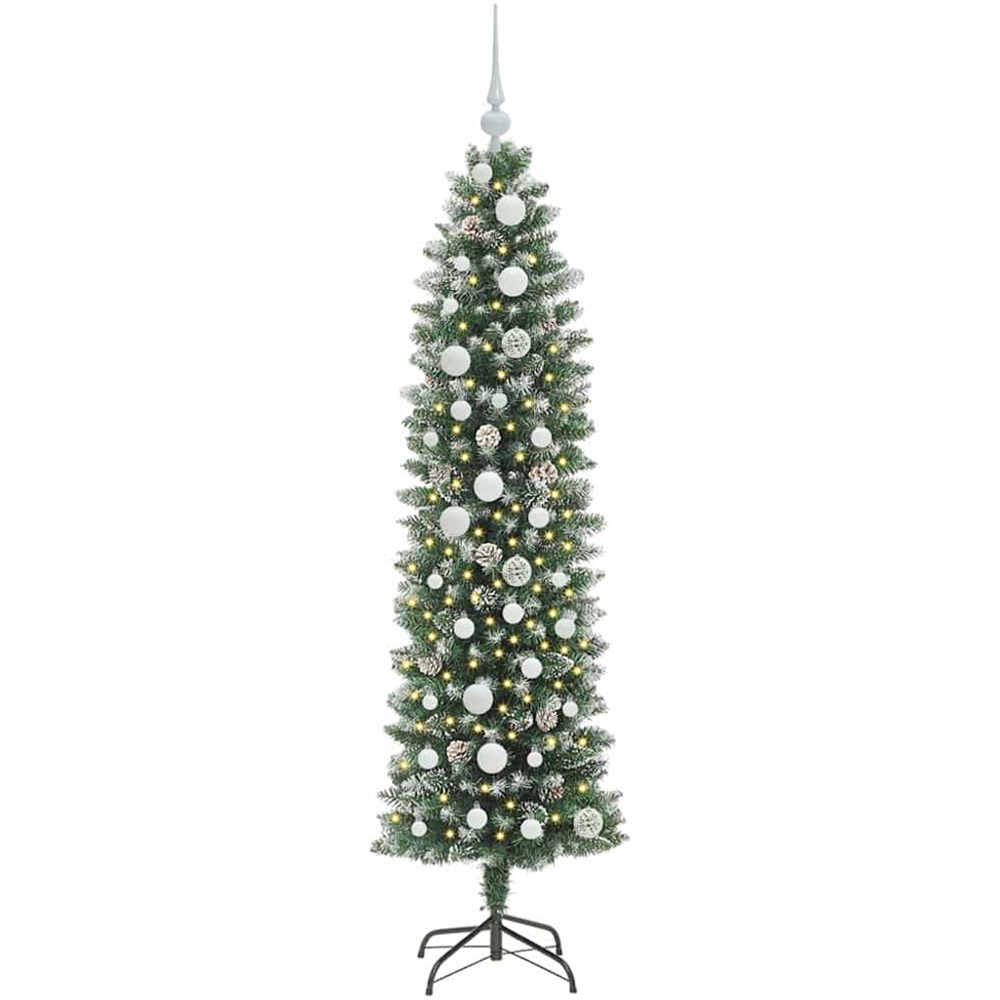 vidaXL Pre-Lit Warm White LED and White Baubles Green Slim Artificial Christmas Tree 5ft Image 2