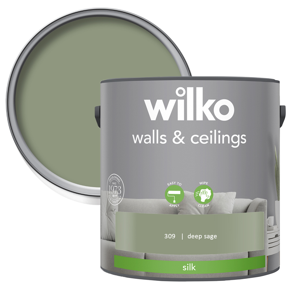 Wilko Walls & Ceilings Deep Sage Silk Emulsion Paint 2.5L Image 1