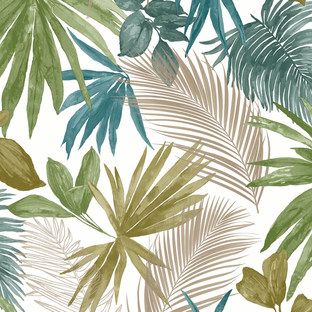 Grandeco Wild Palm Green Teal and Copper Wallpaper Image 1