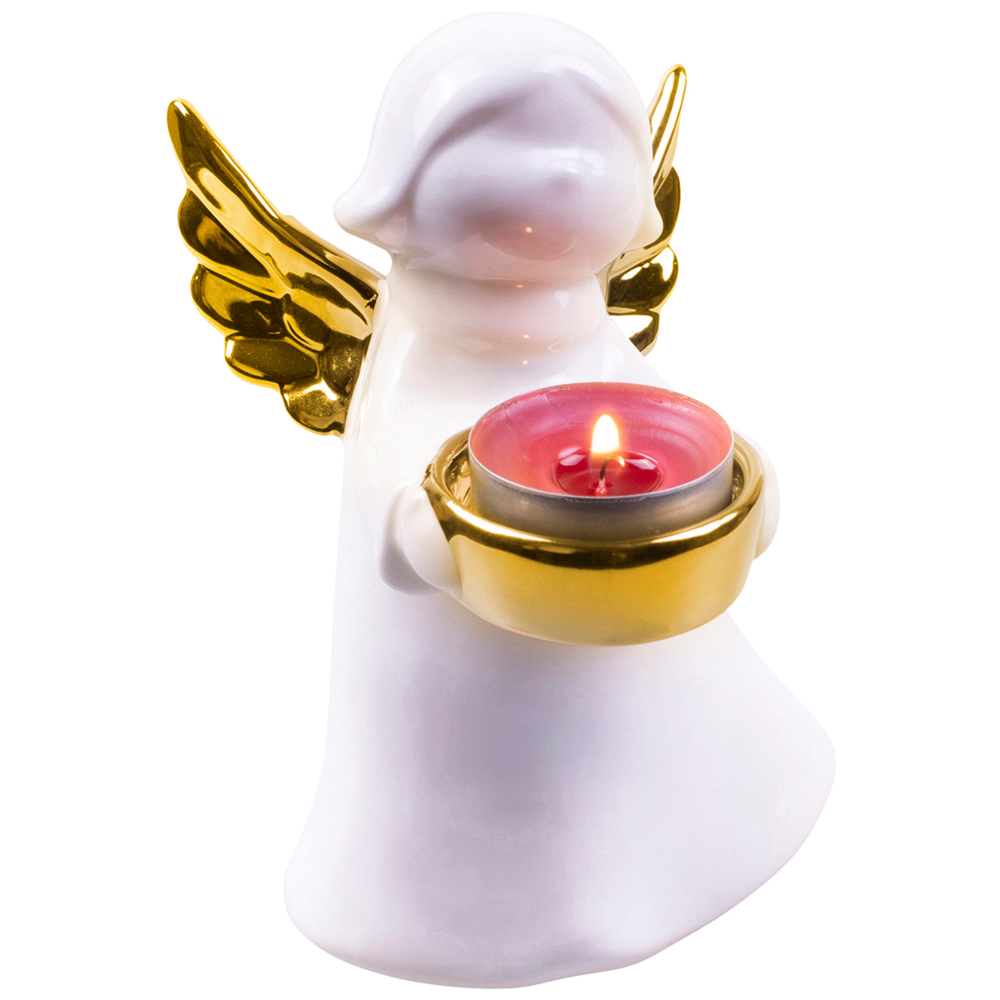 St Helens Small White and Gold Winged Angel Ceramic Tea Light Holder Image 1