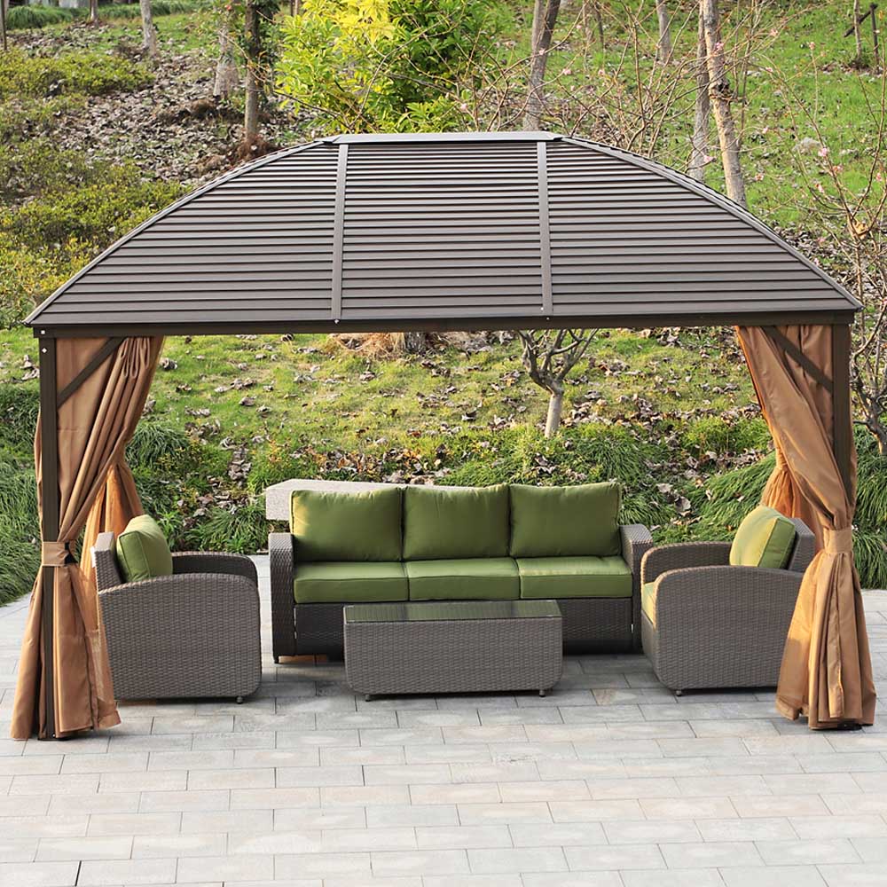 Outsunny 4 x 3m Brown Aluminium Pavilion Gazebo with Curtains Image 4