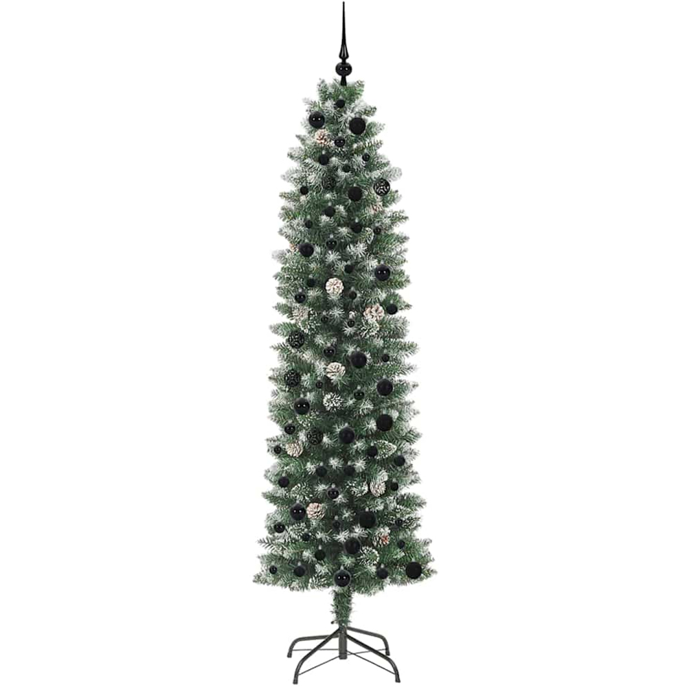 vidaXL Pre-Lit Warm White LED and Black Baubles Green Slim Artificial Christmas Tree 7ft Image 2