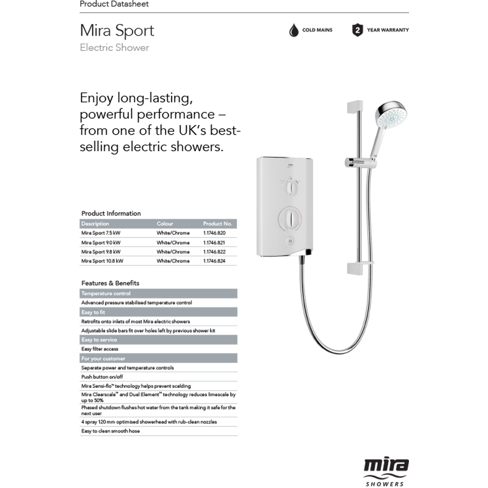 Mira Sport Manual Electric Shower 7.5kW Image 3