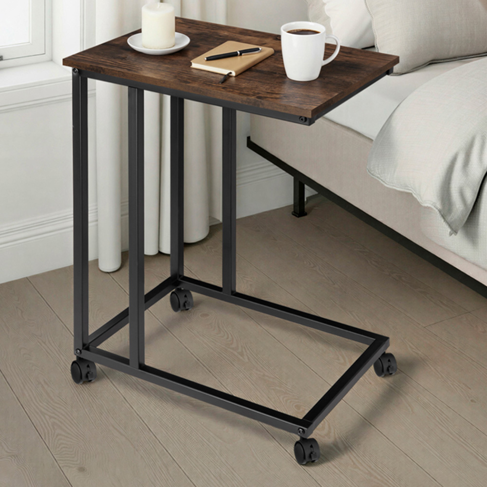 Tectake Luton C-Shape Rustic Dark Wood Bedside Table with Swivel Castors Image 1