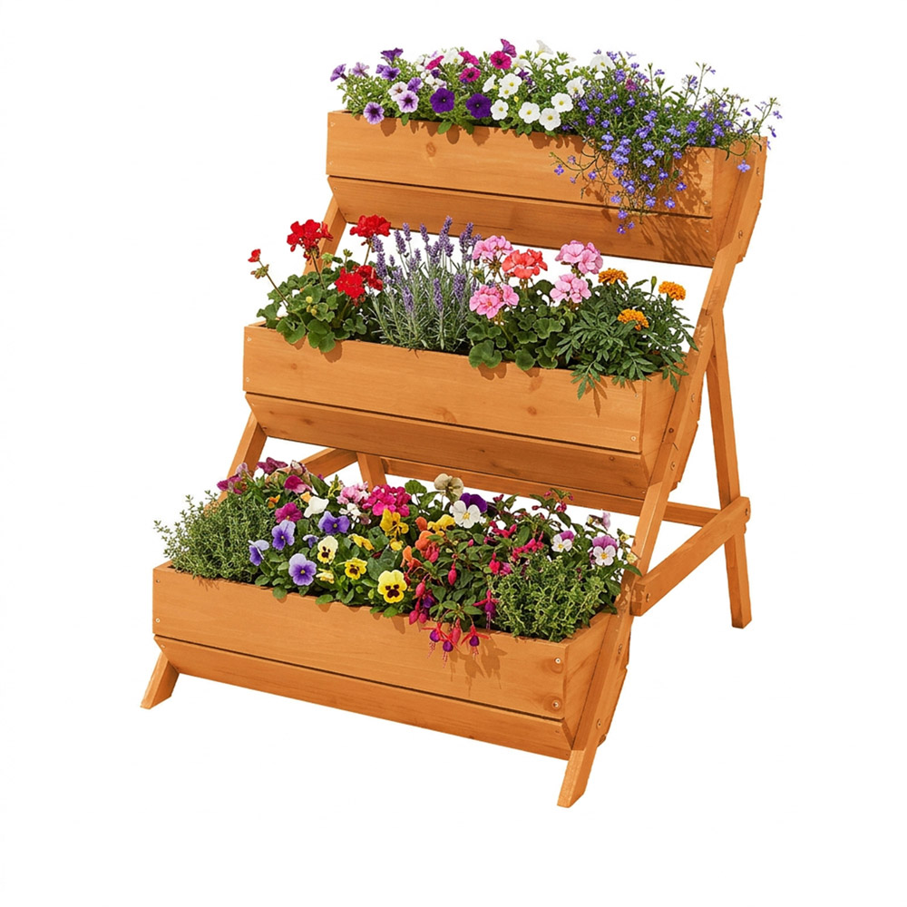 Living and Home 3-Tier Reddish Brown Wooden Planter Box with Drainage Holes Image 7