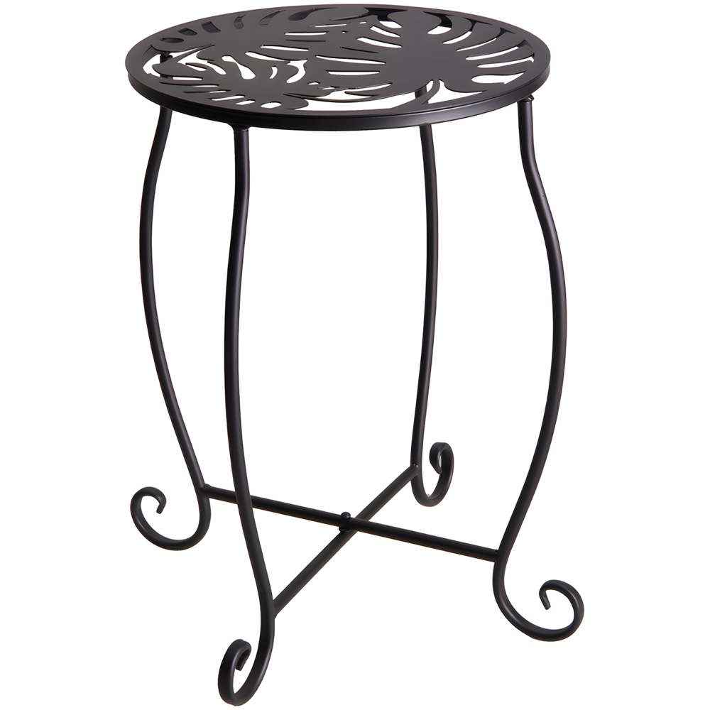 Living and Home Black Metal Scrollwork and Monstera Leaf Top Plant Stand 38cm Image 1