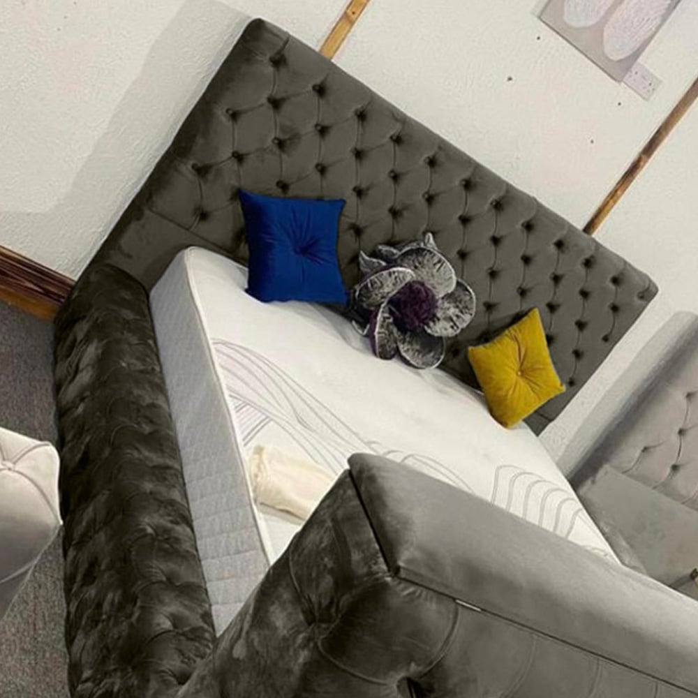 Eleganza Home Arli King Size Grey Plush Velvet TV Bed Frame Image 2