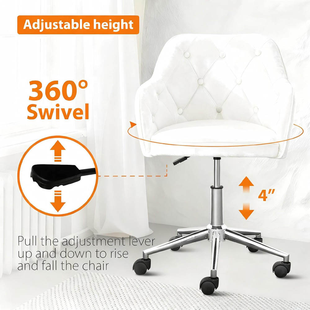 Alivio White Velvet Height Adjustable Swivel Tufted Office Chair with Wheels Image 8