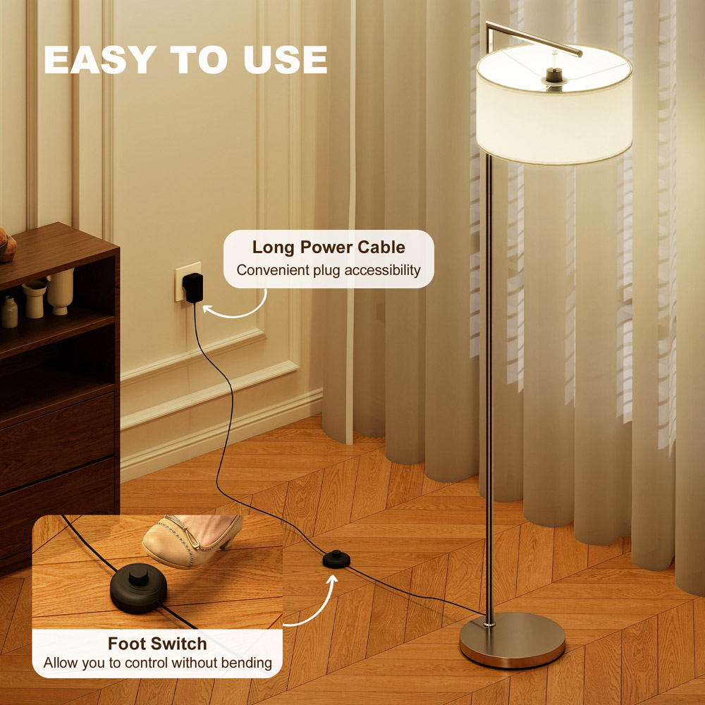 Portland White Linen Shade Silver Tone Pole LED Floor Lamp Image 6