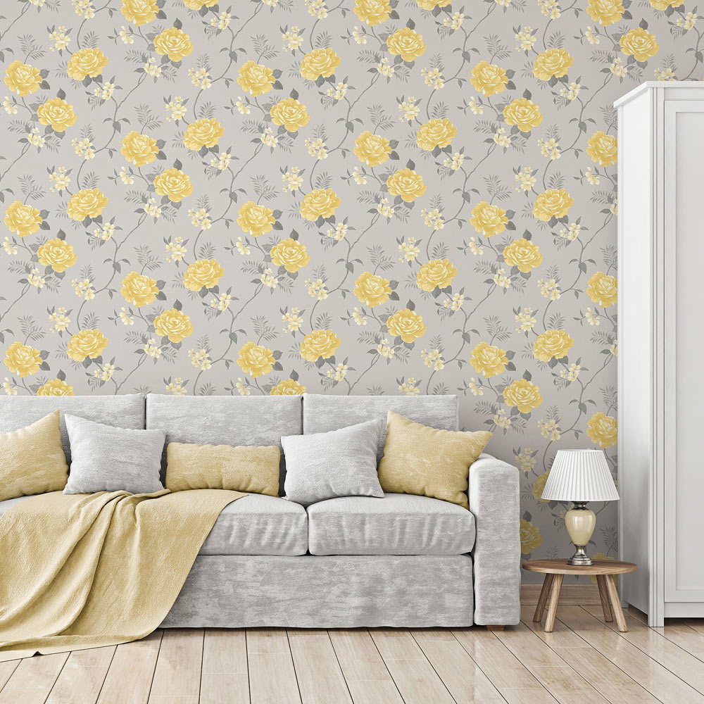 Muriva Rosalind Floral Grey and Ochre Wallpaper Image 4