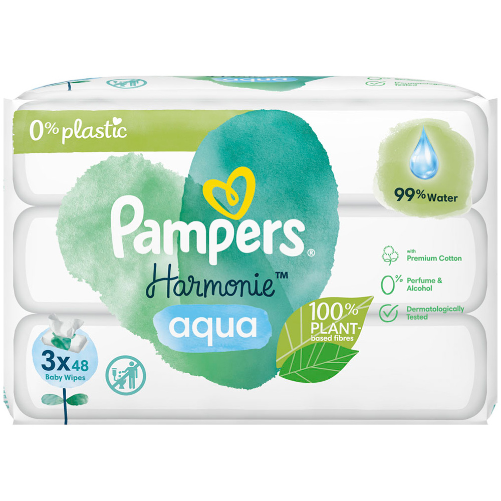 Pampers Harmonie Aqua Baby Wipes 3 Pack 144 Wipes Image 1