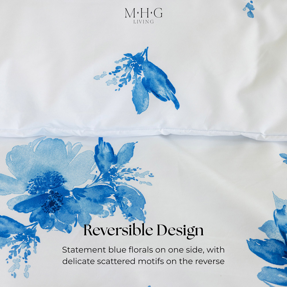 MHG Living King Size Blue Blossom Breeze Floral Bird Reversible Duvet Cover Set Image 3
