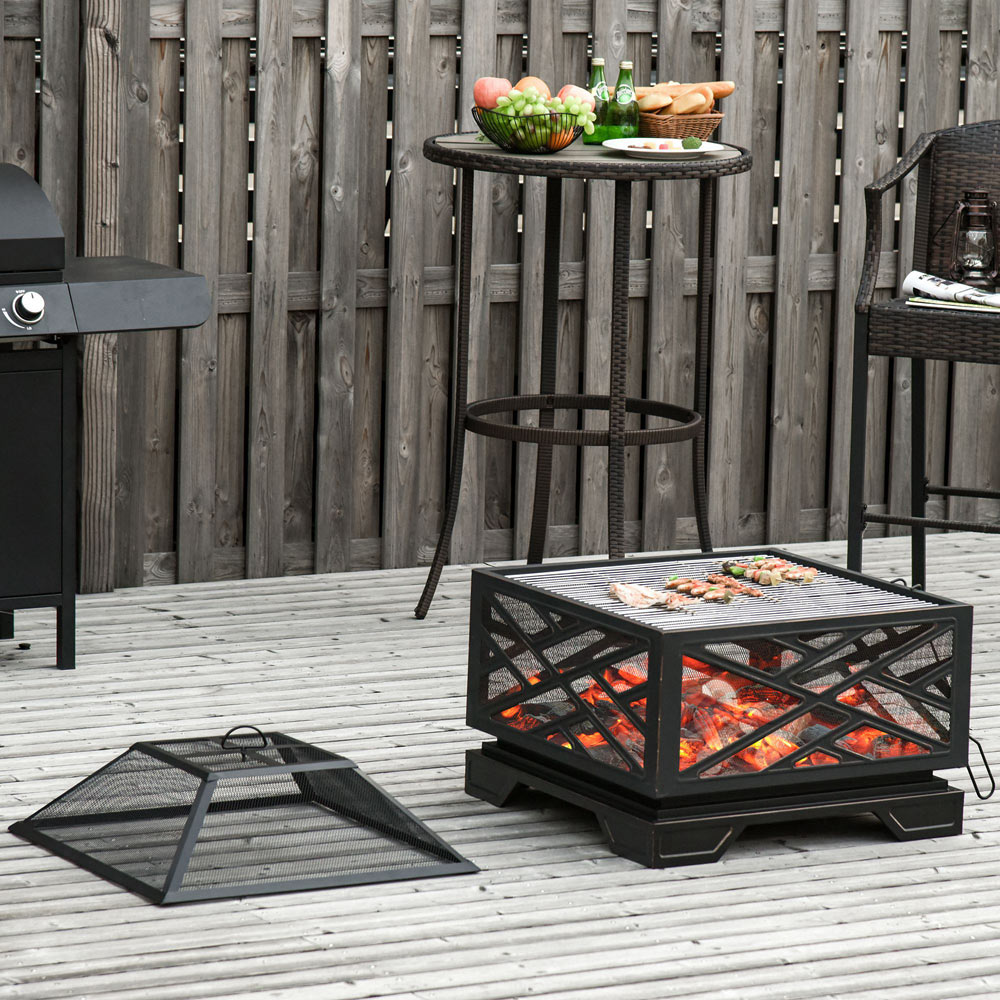 Outsunny Steel BBQ Fire Pit with Poker and Mesh Lid Image 2