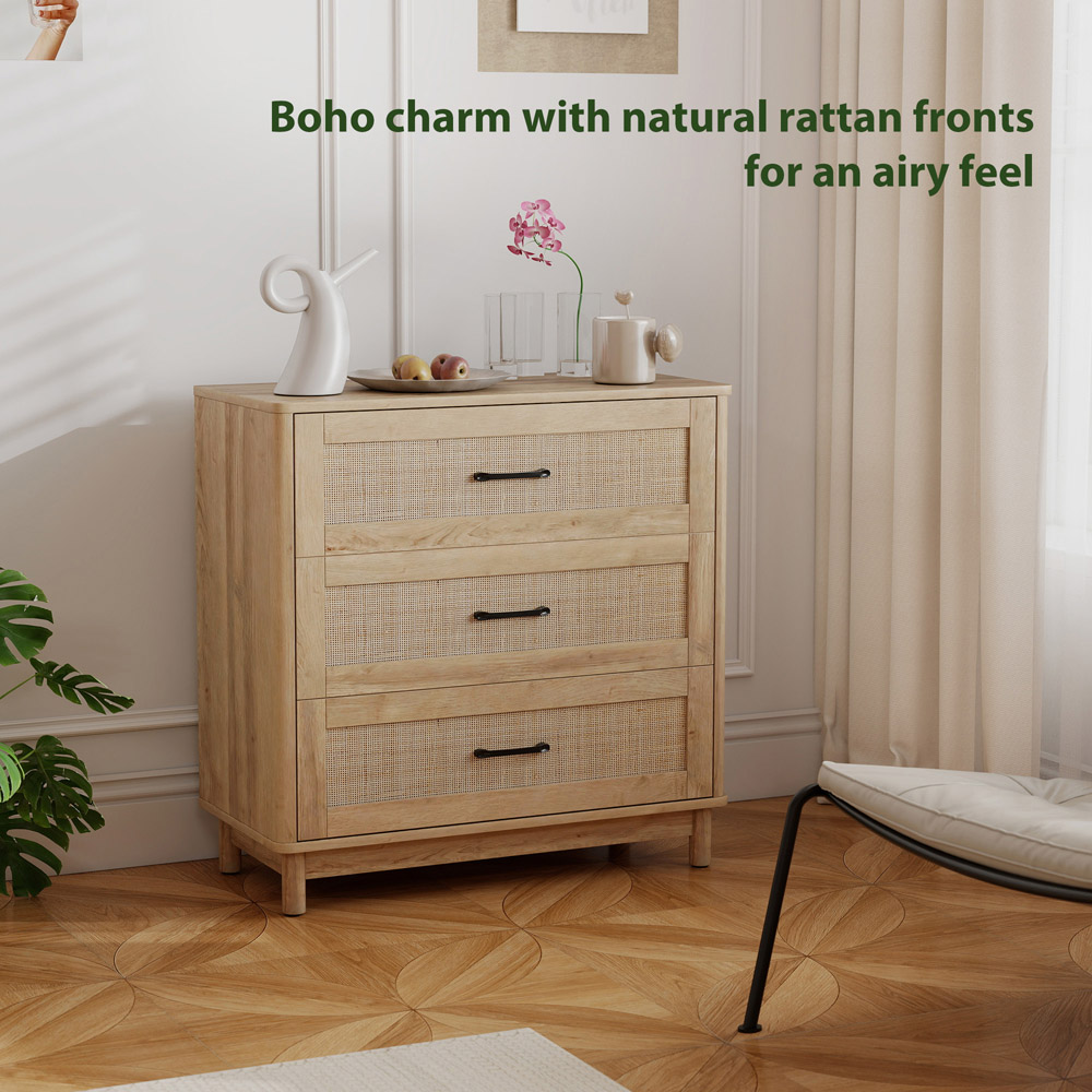 Portland 3 Drawer Oak Rattan Wide Chest of Drawers Image 7