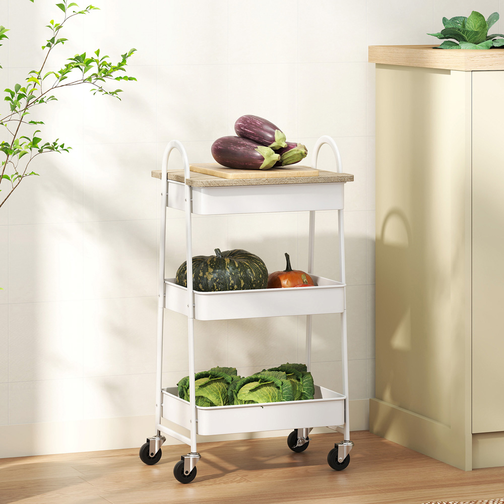 Portland 3 Tier White and Oak Rolling Utility Cart with Mesh Baskets Image 7