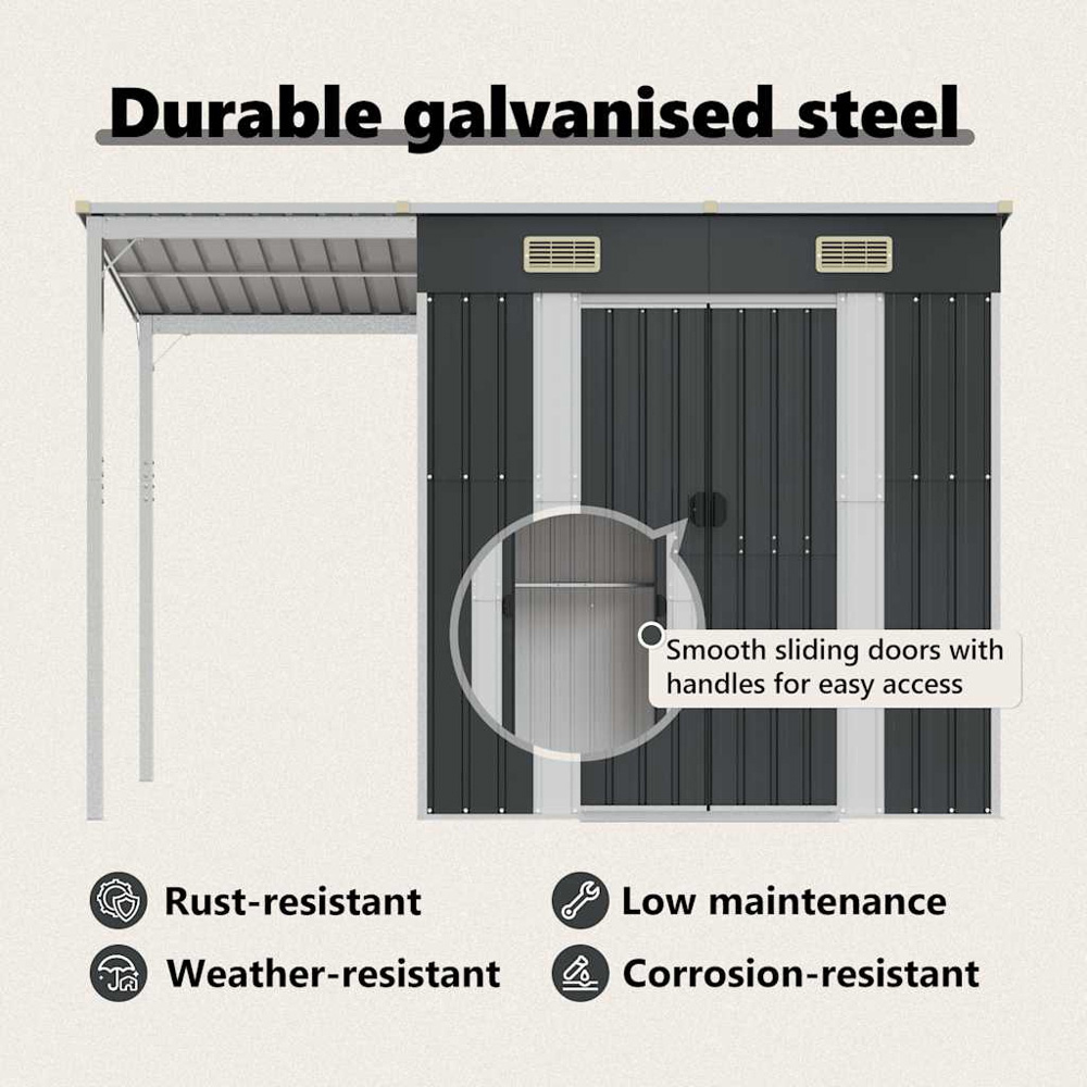 vidaXL 9 x 3.5ft Anthracite Galvanised Steel Garden Shed with Extended Roof Image 6