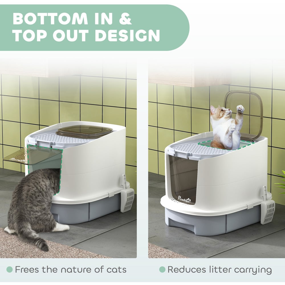 PawHut Grey Hooded Cat Litter Tray with Lid and Scoop Image 6