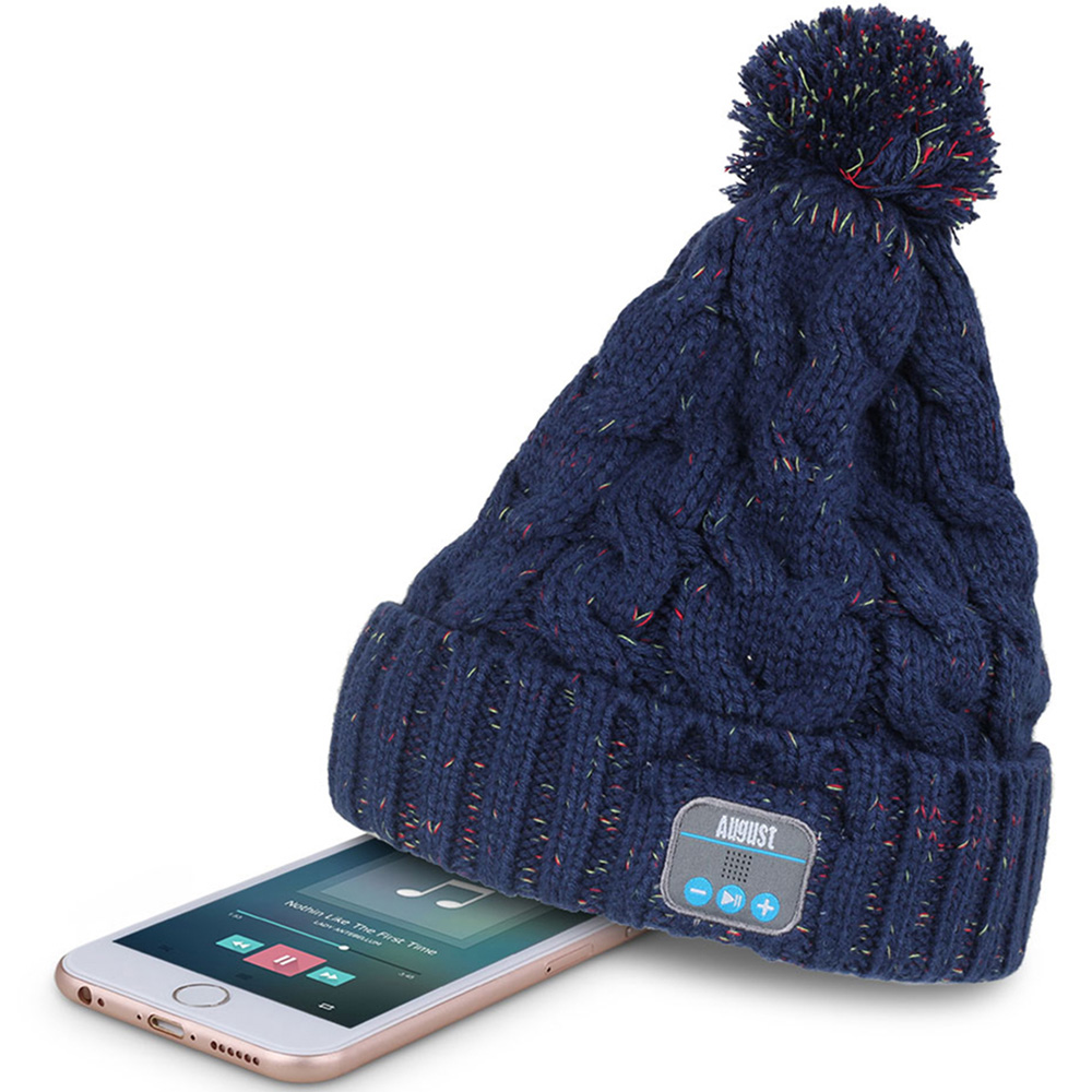 August EPA30L Blue Bobble Beanie Hat with Rechargeable Bluetooth Headphones and Mic Image 3