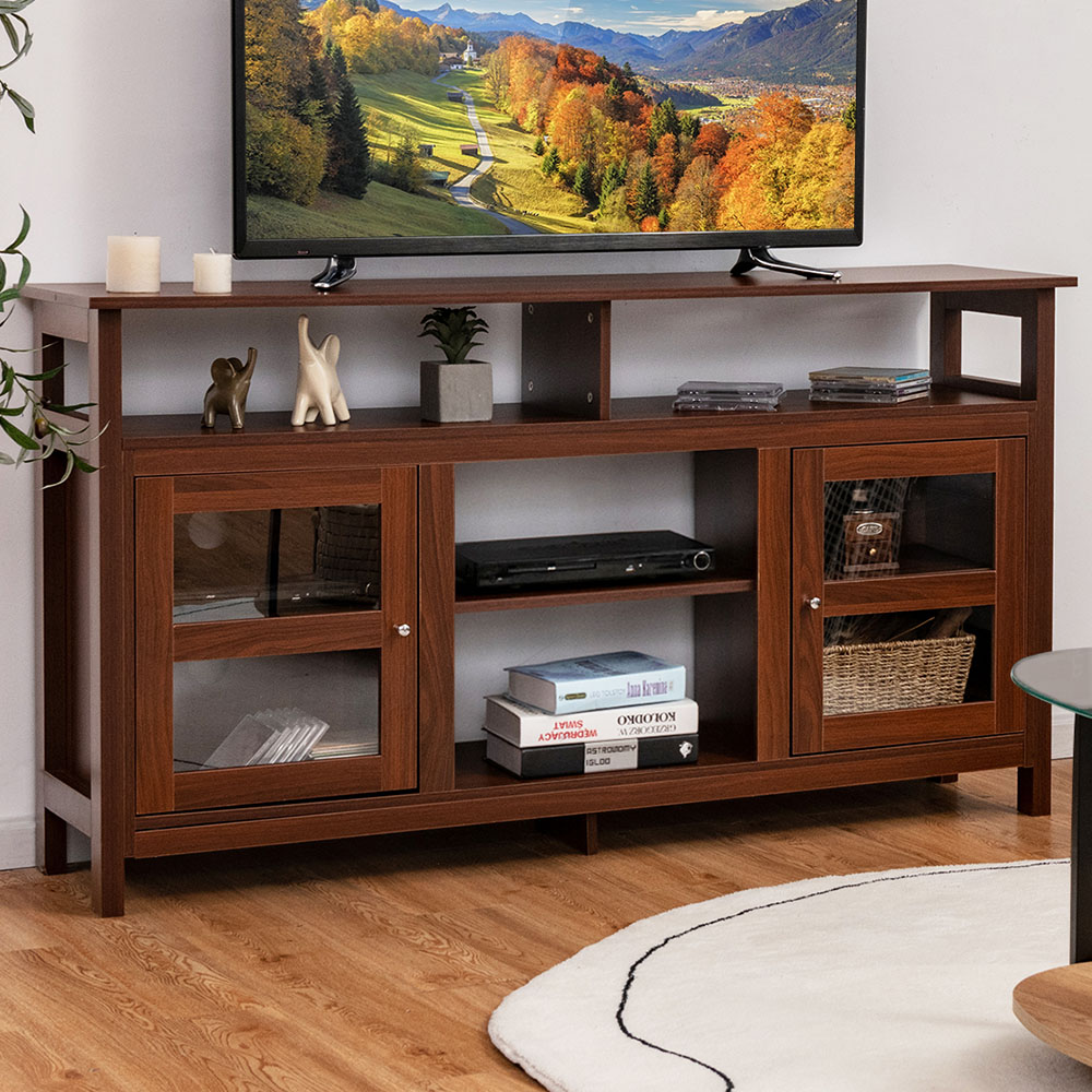 Costway 2 Door 4 Shelf Brown Wooden TV Unit Image 1