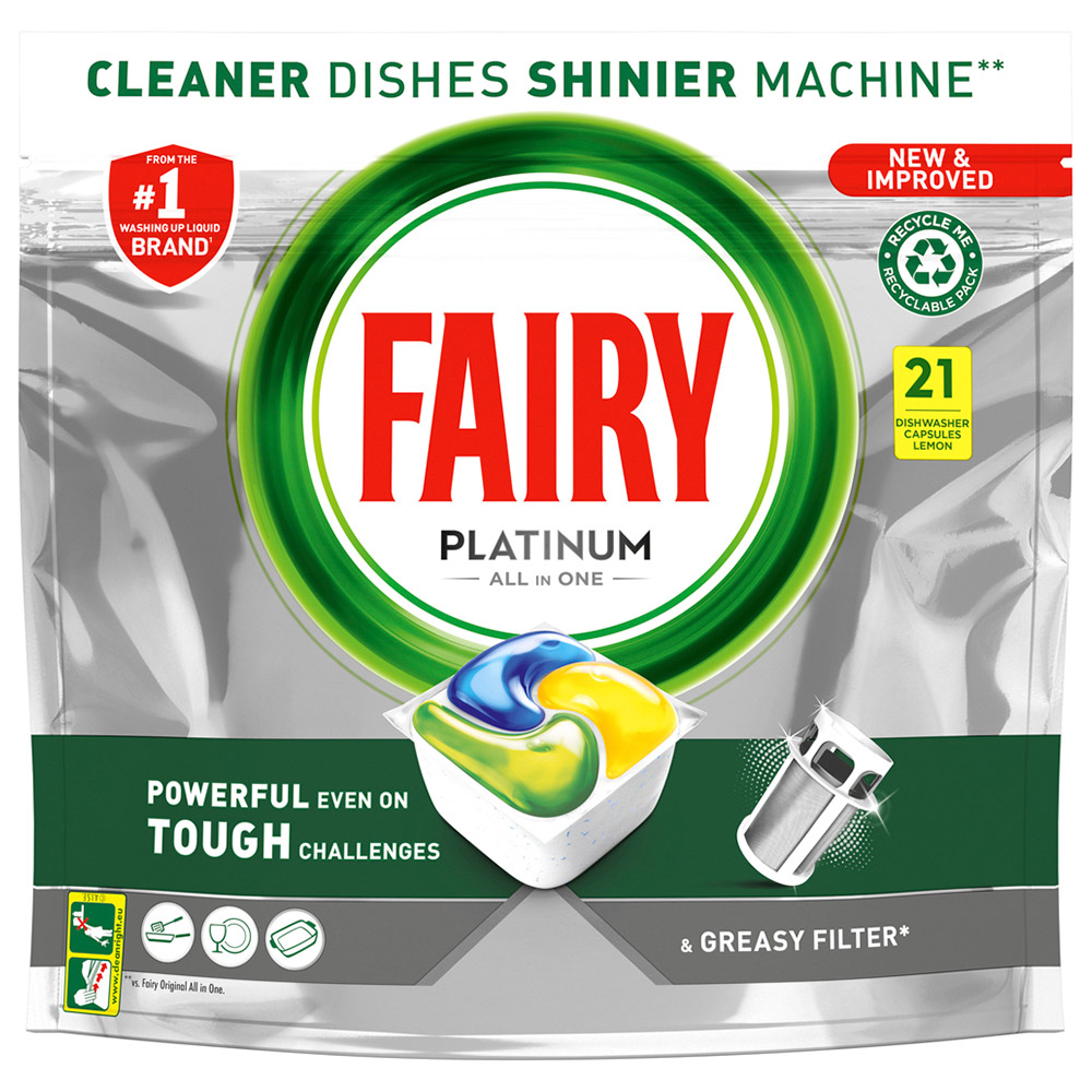 Fairy Platinum Lemon All in One Dishwasher Tablet 21 Pack Image 1