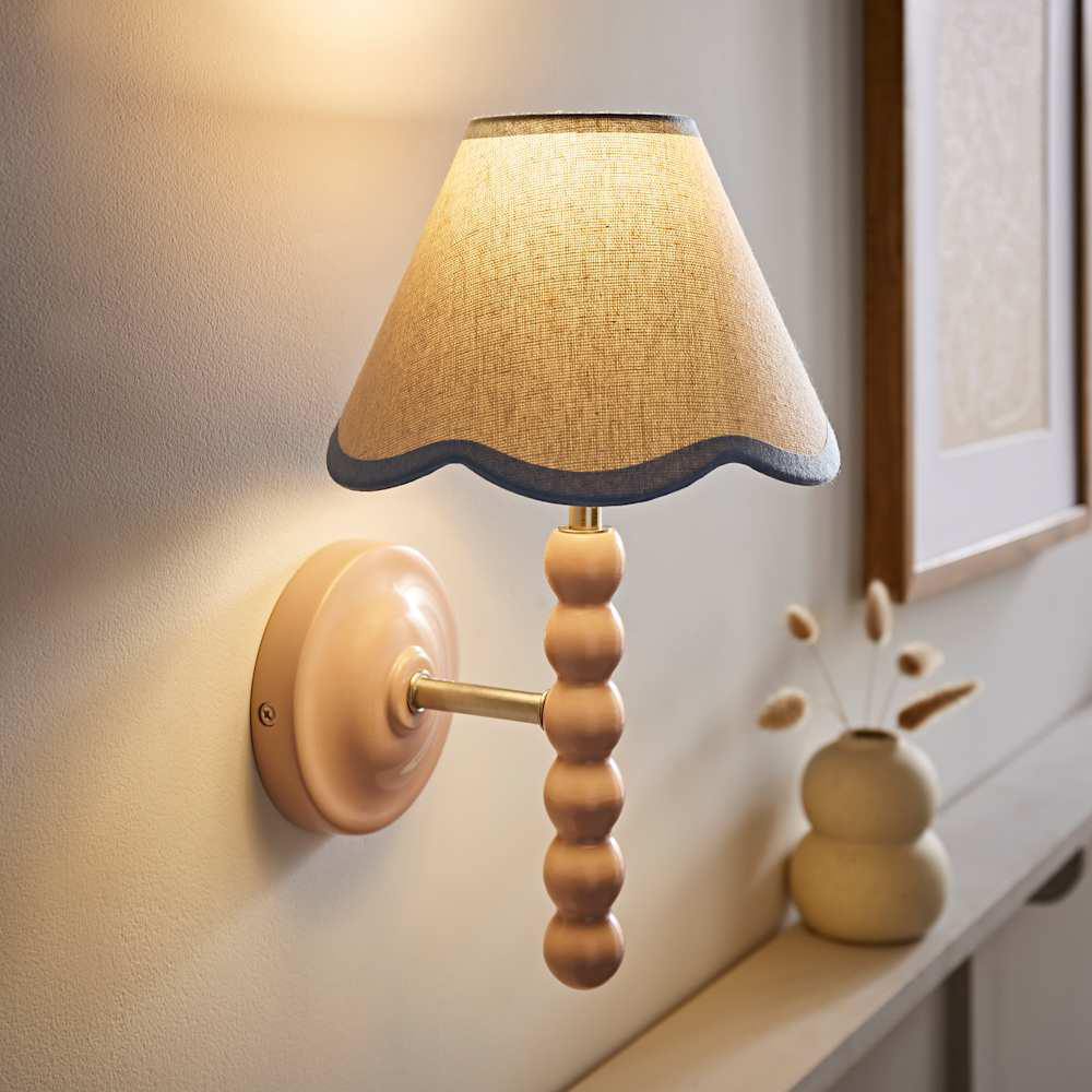 ValueLights Blue Trim Scallop Shade Pink Bobbin LED Wall Light with Bulb Image 3