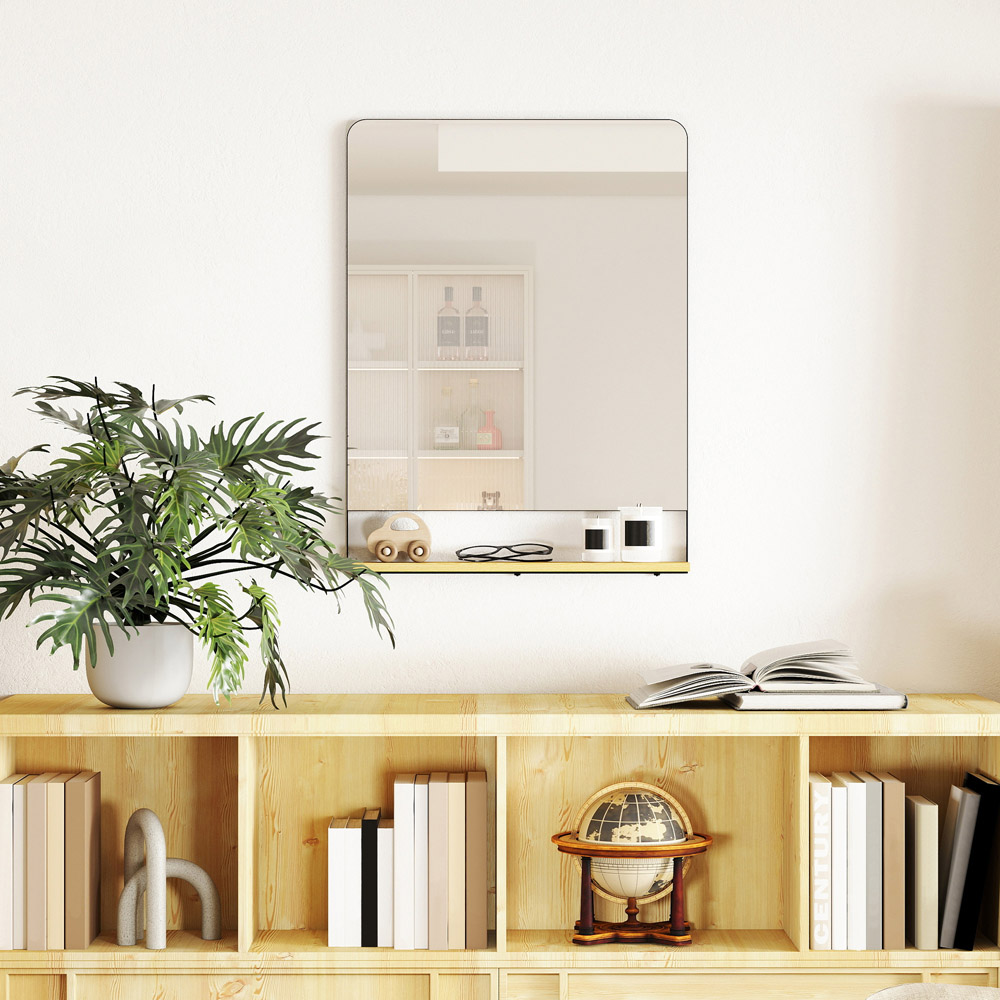 Portland Black Metal Frame Industrial Wall Mirror with Wood Shelf 80 x 60cm Image 3